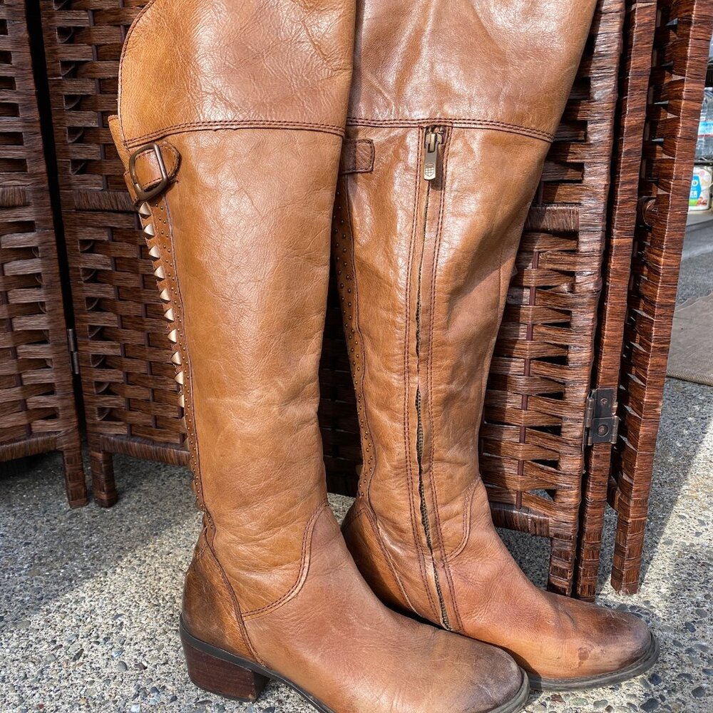 Vince Camuto Brown Leather Studded Boots, Size 7.5